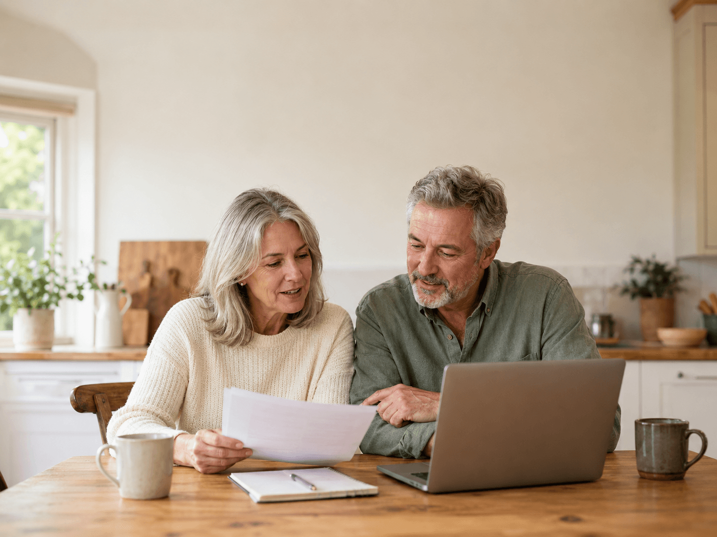 A mature couple reviewing paperwork together at their kitchen table with a laptop and coffee nearby.